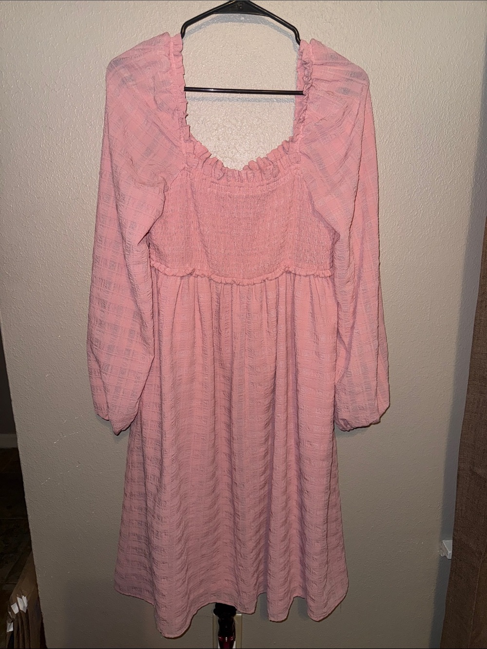 Spring Midi Plus Size Smocked Bodice Long Sleeve Pink Women's Dress 0X